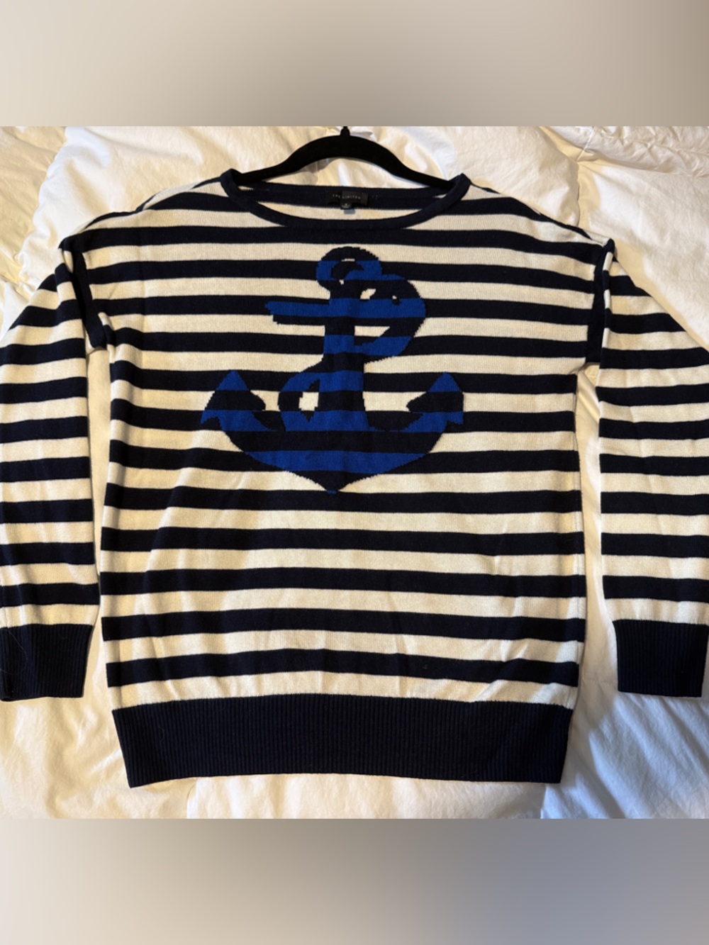 The Limited Navy and White Striped Crewneck Sweater with Blue Anchor Motif